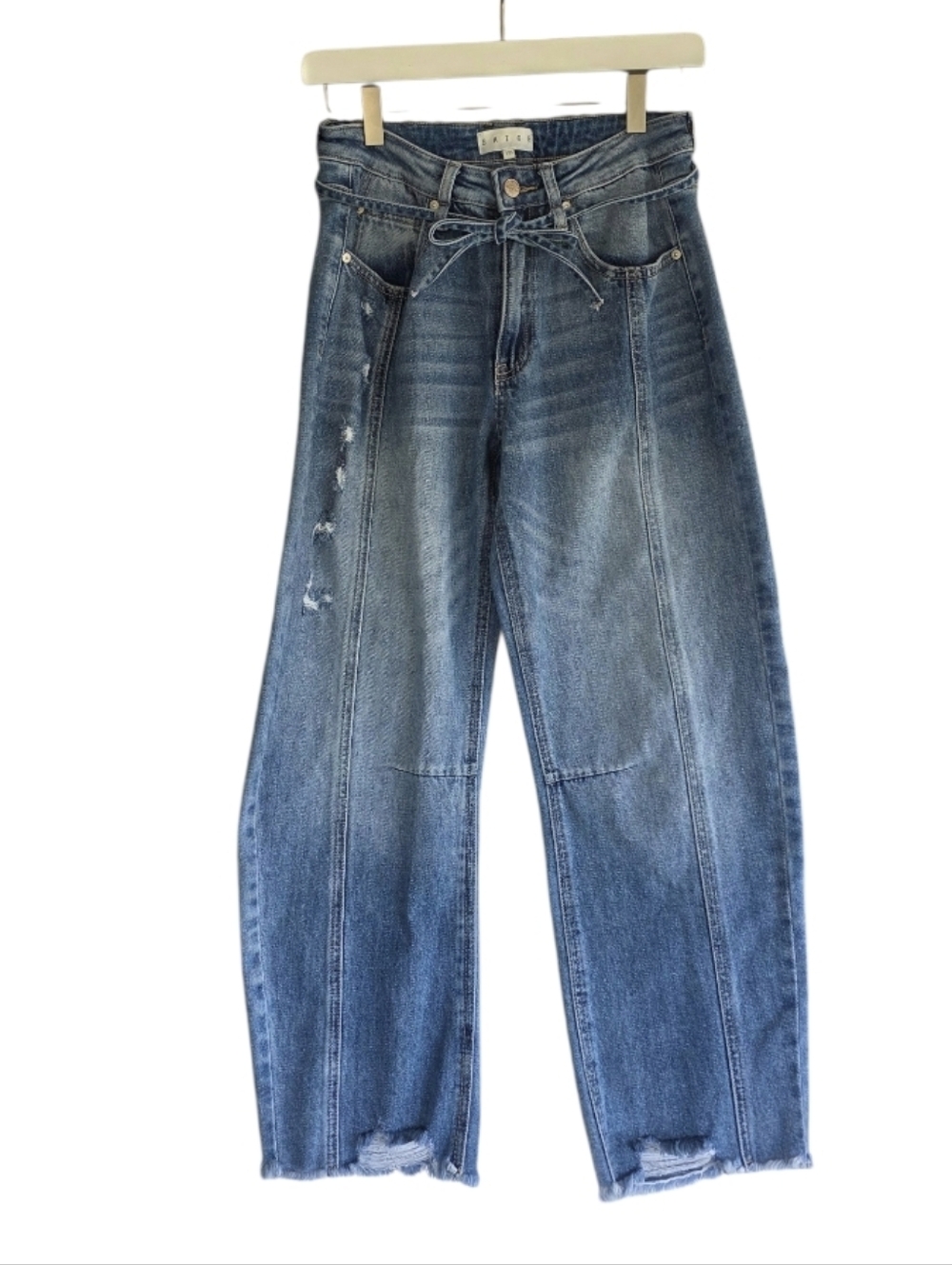 Saige Barrel Jean Cropped Blue Ankle Jeans with Tie Waist High Waist Bohemian